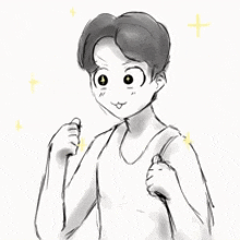 a black and white drawing of a boy in a tank top with his fist up .