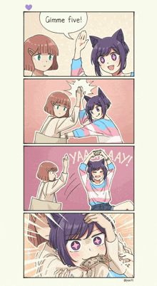 a comic strip shows two girls giving each other a high five and says gimme five