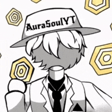 a black and white drawing of a man wearing a hat that says aura soul yt