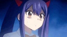 a close up of a girl with purple hair