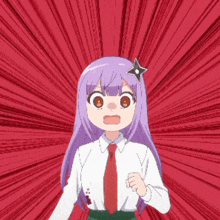 a girl with purple hair is wearing a white shirt and tie