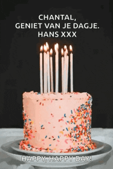 a birthday cake with candles and sprinkles with the words happy happy day