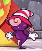 a purple cartoon character wearing a red and white striped hat and gloves is dancing in front of a pizza .