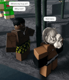 a man and a woman are standing next to each other and the man says where my hug at and the woman says why not