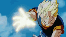 a cartoon character is flying through the air while holding a light beam in his hand .