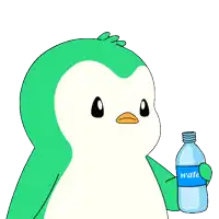 a green penguin drinking water from a bottle
