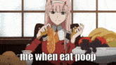 a picture of a girl eating a donut with the caption me when eat poop