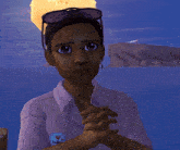 a girl in a purple shirt with sunglasses on her head