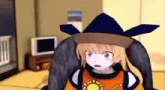 a cartoon girl wearing a witch hat is standing in a living room .