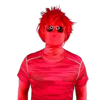 a person wearing a red shirt and sunglasses has a red wig on