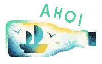an illustration of a boat in a bottle with the word ahoi written above it