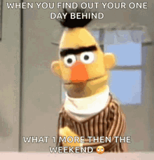bert from sesame street is shown with a caption that says " when you find out your one day behind what 1 more then the weekend "