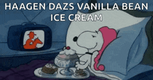 a cartoon of snoopy laying in bed with a bowl of ice cream