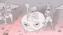a cartoon drawing of a group of warriors standing around a giant frog
