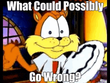 a cartoon cat is holding a plate and smiling while asking what could possibly go wrong .