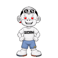 a cartoon character is wearing a white shirt that says work