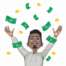 a man in a white hoodie is surrounded by money and gold coins