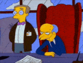 a cartoon of a man standing next to a man sitting at a table with a newspaper on it
