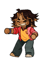 a cartoon drawing of a person wearing a yellow shirt and a red jacket with the letter j on it