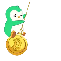 a green penguin is hanging from a gold coin with a b on it
