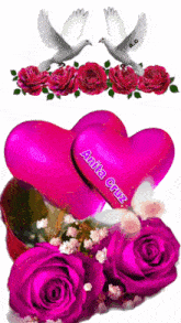 a pink heart with the name anita cruz on it is surrounded by pink roses