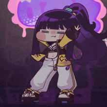a cartoon drawing of a girl with purple hair and a ponytail