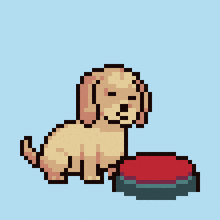 pixel art of a dog sitting next to a bowl
