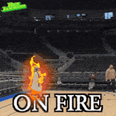 a basketball court with the words " on fire " on the bottom
