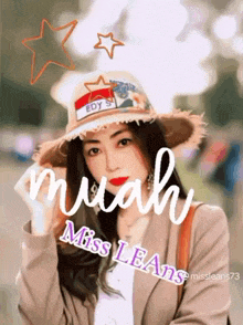 a woman wearing a straw hat with the name miss leans written on it