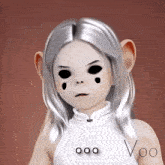 a girl with white hair and black eyes has the word voo written on her arm