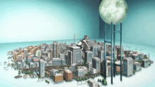 a model of a city with a woman standing on top of it