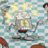 a cartoon drawing of a robot with big teeth