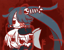 a drawing of a girl with long blue hair and a fish in her mouth .