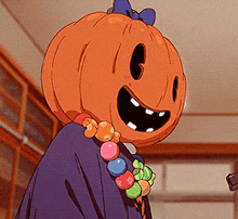 a cartoon character with a pumpkin head and a necklace of candy