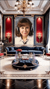 a picture of a woman wearing headphones hangs in a living room