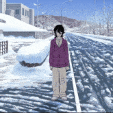 a person in a purple hoodie stands in the snow