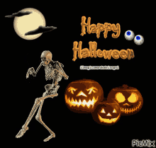 happy halloween sneaking skeleton full moon pumpkin