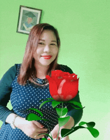 a woman in a polka dot dress holds a red rose