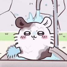 a hamster is taking a bath in a sink with water coming out of a faucet .