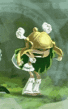 a cartoon character is standing in the grass wearing a helmet and a sword .