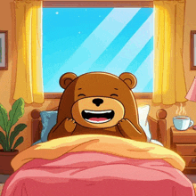 a cartoon of a teddy bear laying in a bed smiling