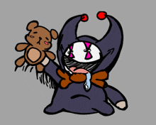 a drawing of a cartoon character holding a teddy bear