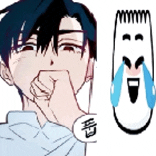 a cartoon of a man covering his mouth with his hand and a cartoon of a person crying