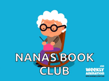 a cartoon of an elderly woman sitting in a rocking chair with the words nanas book club below her