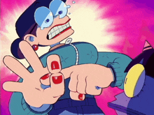 a cartoon drawing of a woman with red nails pointing