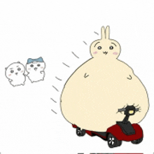 a cartoon of a fat rabbit riding a scooter with two hamsters behind it .