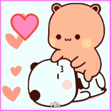 a cartoon of a bear hugging a panda bear with hearts around them .