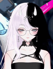 a girl with half black and half white hair and glasses