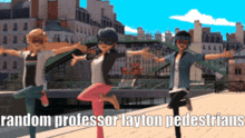 a group of cartoon characters standing on one leg with the words random professor layton pedestrians on the bottom