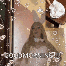 a woman in a bunny costume says good morning !!!